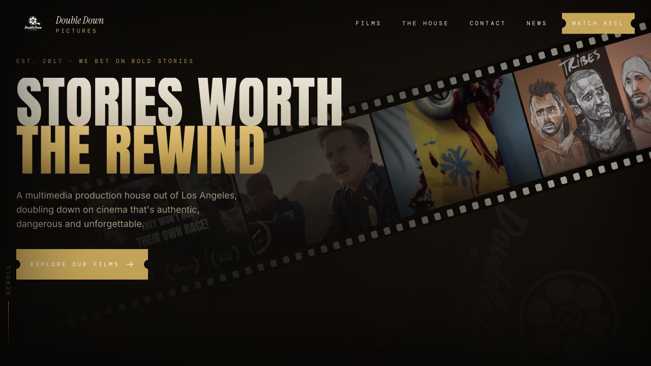 Double Down Pictures cinematic website with a diagonal film reel.